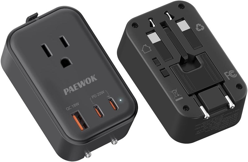 PAEWOK محول سفر USB C، محول سفر أوروبي مع 1 مخرج AC وشحن سريع USB (PD 20W)، محول عالمي قابل للطي من نوع C/G/A/I، أسود - Image 1